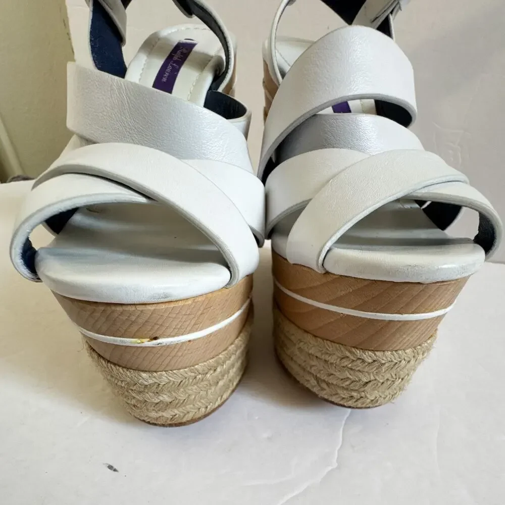 Ralph Lauren Purple Label Erin Espadrille Wedge Platform White Leather 37.5 - Picture 8 of 16